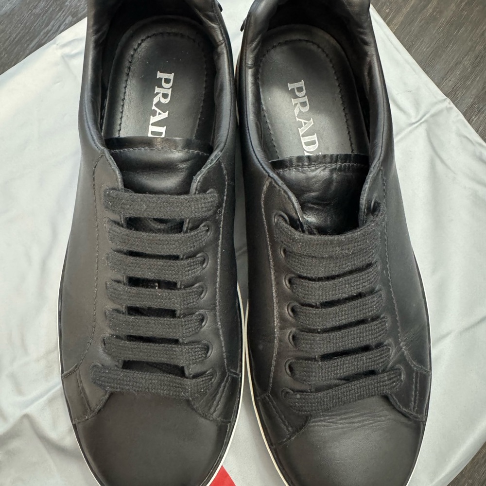 Prada Black Leather Low-Top Sneakers with Cream Sole - Picture 7 of 10